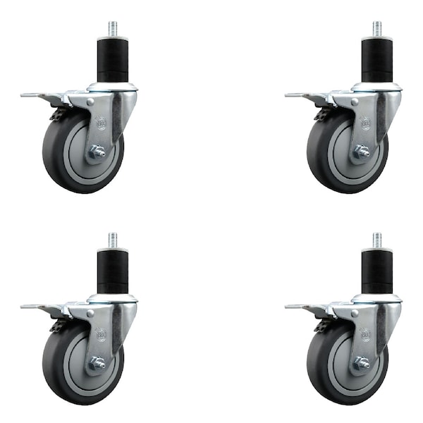 4'' Thermoplastic Rubber Swivel 1-3/4'' Expanding Stem Caster Set Total Lock Brake, 4PK